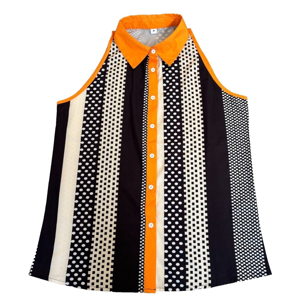 Womens Sleeveless Button Front Blouse Size Medium Orange Collar Black White